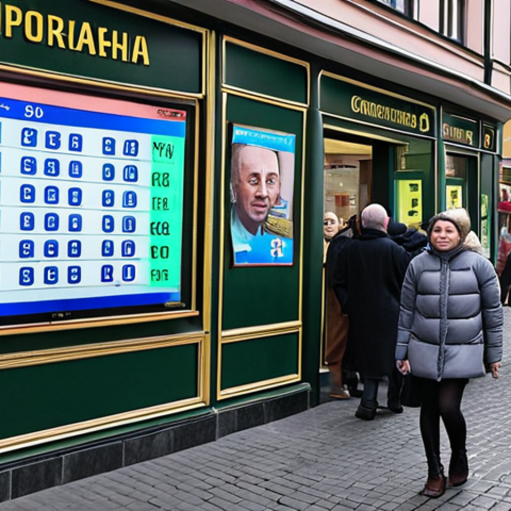 **A bustling Ukrainian street scene. Focus on a currency exchange office ("обмін валют") with a digital display showing exchange rates for USD/UAH and EUR/UAH. People are entering and exiting the office. The background should hint at a vibrant city market.**