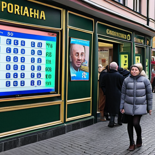Home 23 **A bustling Ukrainian street scene. Focus on a currency exchange office ("обмін валют") with a digital display showing exchange rates for USD/UAH and EUR/UAH. People are entering and exiting the office. The background should hint at a vibrant city market.**