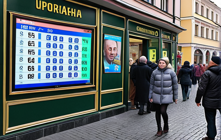 **A bustling Ukrainian street scene. Focus on a currency exchange office ("обмін валют") with a digital display showing exchange rates for USD/UAH and EUR/UAH. People are entering and exiting the office. The background should hint at a vibrant city market.**