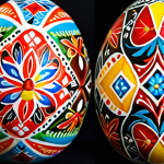 **Pysanka Easter Egg:** A close-up shot of a beautifully decorated Pysanka (Ukrainian Easter egg) with intricate patterns and vibrant colors, showcasing traditional Ukrainian folk art.