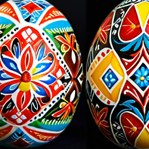 Home 21 **Pysanka Easter Egg:** A close-up shot of a beautifully decorated Pysanka (Ukrainian Easter egg) with intricate patterns and vibrant colors, showcasing traditional Ukrainian folk art.