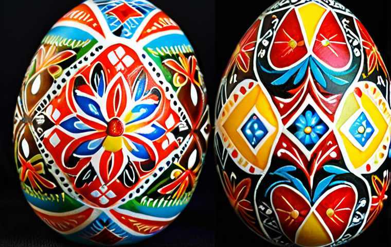 **Pysanka Easter Egg:** A close-up shot of a beautifully decorated Pysanka (Ukrainian Easter egg) with intricate patterns and vibrant colors, showcasing traditional Ukrainian folk art.
