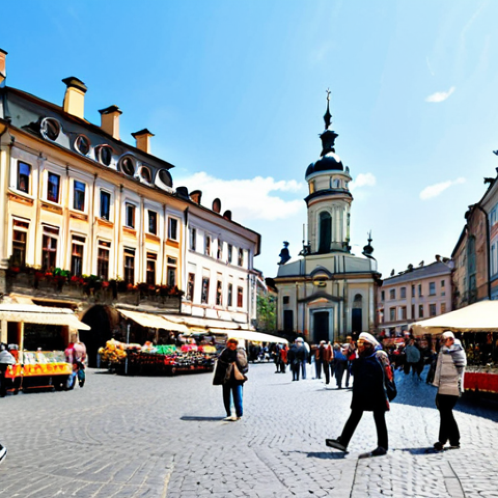 Lviv Market Square**

"A bustling market square in Lviv, Ukraine, during the day. Vendors selling crafts and local food from stalls. Historic buildings with colorful facades in the background. People in modest, everyday clothing are walking around and interacting. Safe for work, appropriate content, fully clothed, professional photography, perfect anatomy, correct proportions, family-friendly."

**