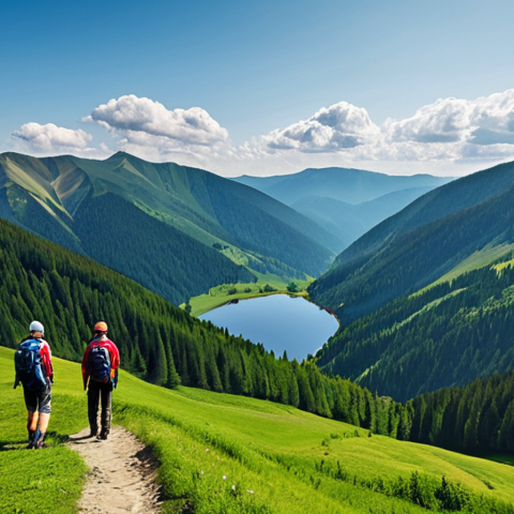 Carpathian Mountain Vista**

"A breathtaking view of the Carpathian Mountains, Ukraine. Rolling green hills and valleys, a dense forest in the midground, and a crystal-clear lake reflecting the sky. Fully clothed hikers are seen on a distant trail. Appropriate content, safe for work, professional photography, perfect anatomy, correct proportions, natural colors, family-friendly."

**