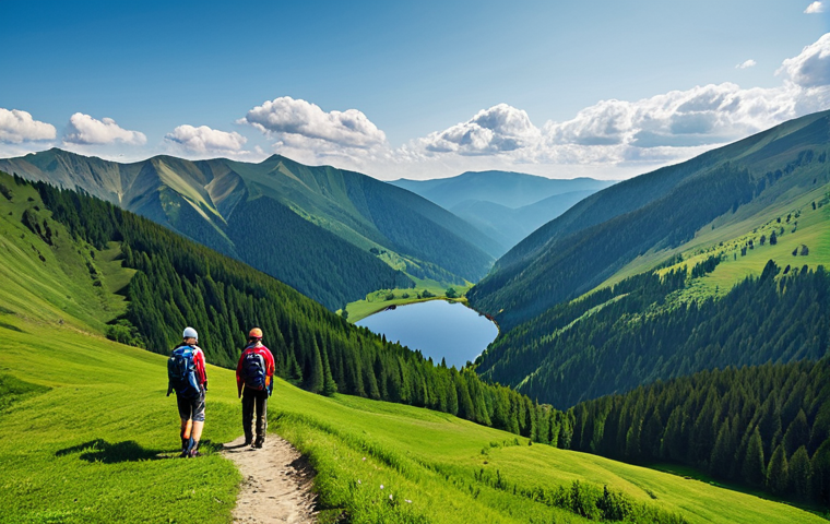 Carpathian Mountain Vista**

"A breathtaking view of the Carpathian Mountains, Ukraine. Rolling green hills and valleys, a dense forest in the midground, and a crystal-clear lake reflecting the sky. Fully clothed hikers are seen on a distant trail. Appropriate content, safe for work, professional photography, perfect anatomy, correct proportions, natural colors, family-friendly."

**
