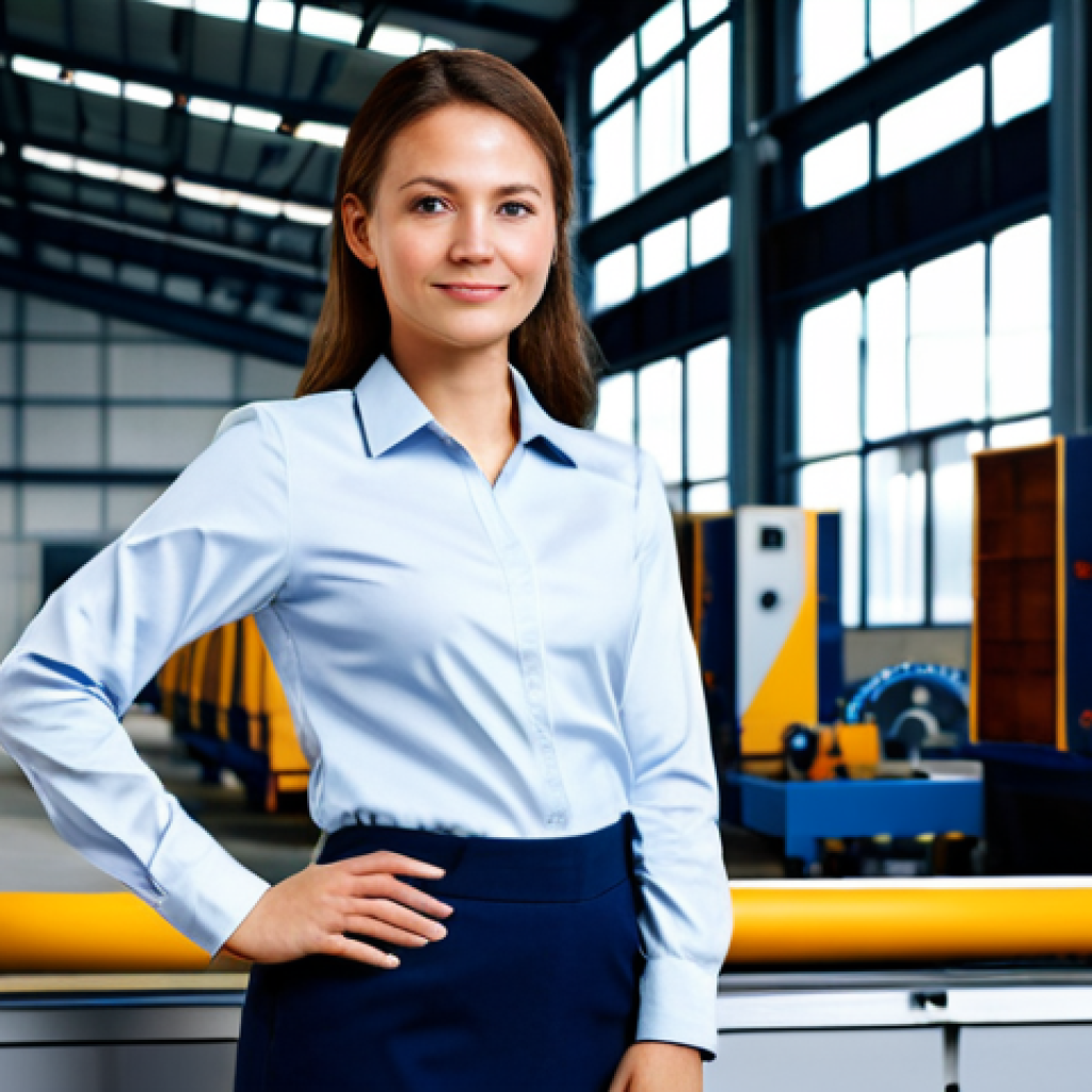 우크라이나 세금 제도 - ** A confident female engineer in a fully clothed, modest business casual outfit, standing in a mode...