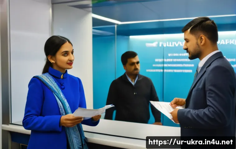 우크라이나 입국 심사 주의사항 - A detailed scene at a Ukrainian immigration checkpoint showing a respectful South Asian traveler in ...