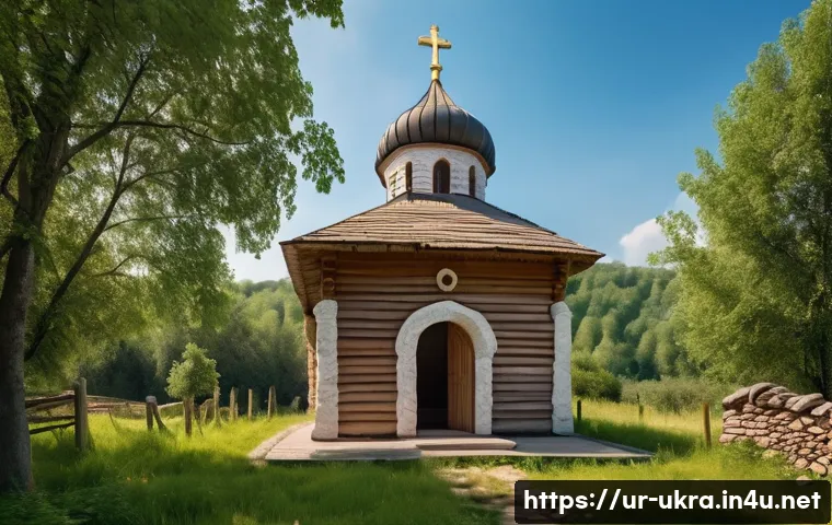 우크라이나 성당과 교회의 차이 - A serene small Ukrainian church built from local wood and stone, featuring a simple dome roof and mo...