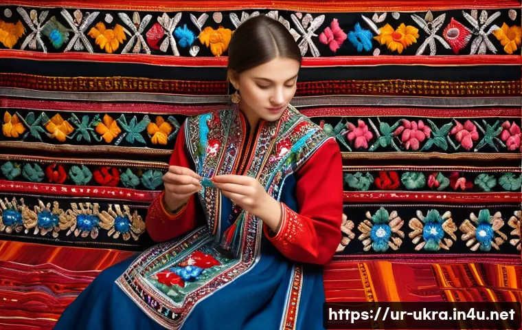 우크라이나 민속 예술가 소개 - A vibrant Ukrainian folk embroidery scene featuring traditional intricate floral and geometric patte...