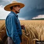Home 21 우크라이나 기후 변화 영향 - A detailed scene of a Ukrainian wheat farm suffering from drought and irregular rainfall, showing a ...