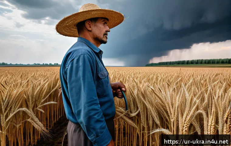 우크라이나 기후 변화 영향 - A detailed scene of a Ukrainian wheat farm suffering from drought and irregular rainfall, showing a ...