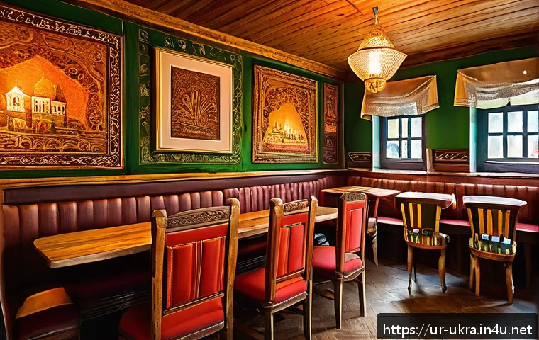 우크라이나에서 가장 오래된 카페 - A cozy traditional Ukrainian café interior featuring ancient wooden furniture with intricate carving...
