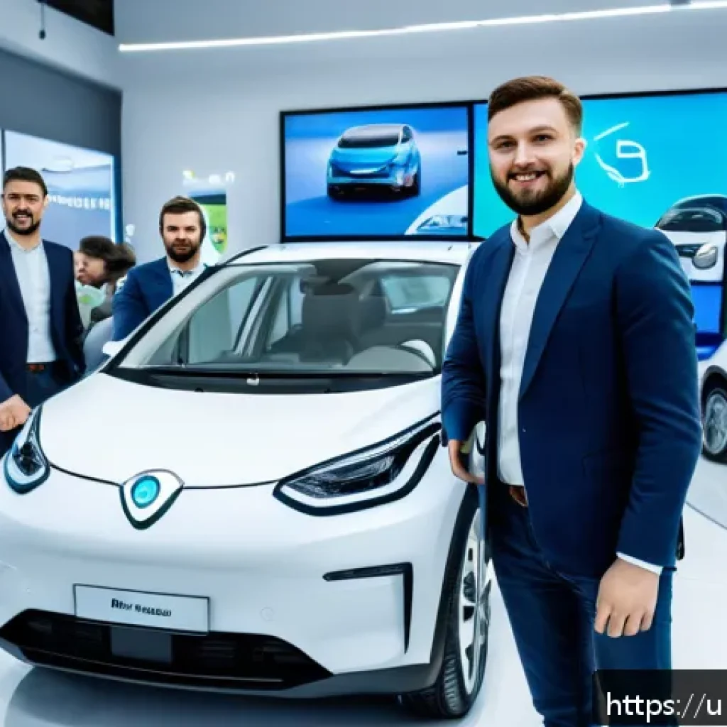 우크라이나 자동차 시장 트렌드 - A modern Ukrainian electric vehicle showroom bustling with diverse young professionals wearing busin...