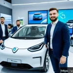 Home 18 우크라이나 자동차 시장 트렌드 - A modern Ukrainian electric vehicle showroom bustling with diverse young professionals wearing busin...