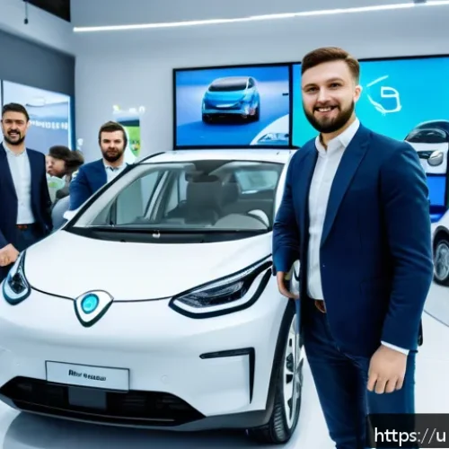 Home 30 우크라이나 자동차 시장 트렌드 - A modern Ukrainian electric vehicle showroom bustling with diverse young professionals wearing busin...