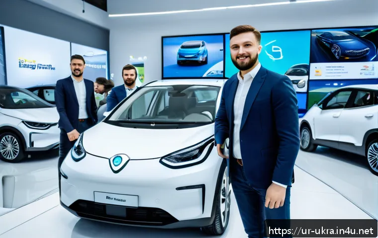 우크라이나 자동차 시장 트렌드 - A modern Ukrainian electric vehicle showroom bustling with diverse young professionals wearing busin...