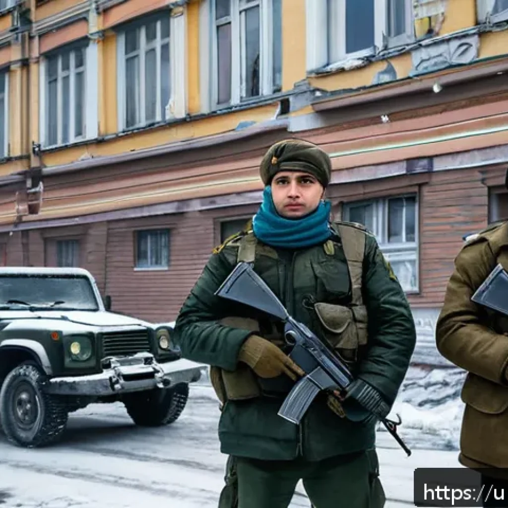 우크라이나 치안 상황 - A detailed scene of a Ukrainian eastern town near the Donbas region under mild military tension, sho...