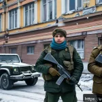 Home 23 우크라이나 치안 상황 - A detailed scene of a Ukrainian eastern town near the Donbas region under mild military tension, sho...