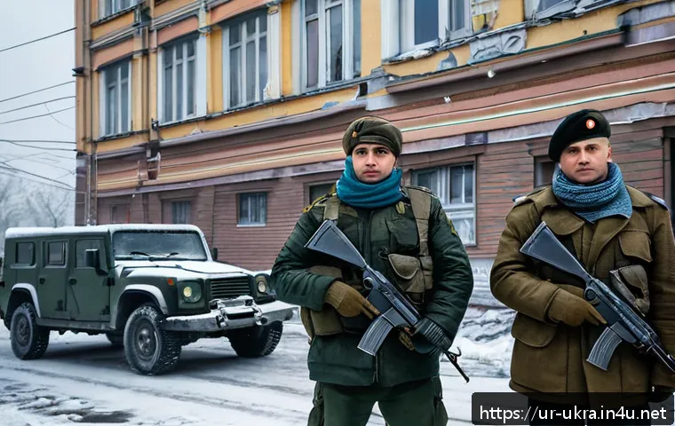 우크라이나 치안 상황 - A detailed scene of a Ukrainian eastern town near the Donbas region under mild military tension, sho...