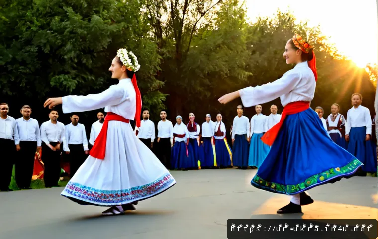 Home 17 우크라이나 전통 춤 - Photorealistic Ukrainian traditional folk dancers performing a lively Hopak in an open-air cultural ...