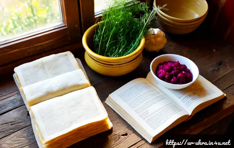 우크라이나 전통 요리책 - Photorealistic overhead view of an open Ukrainian traditional cookbook with blank unmarked pages bes...