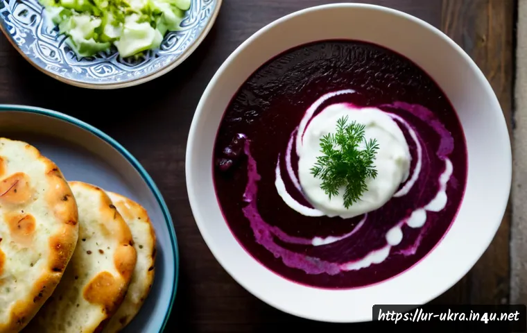 보르쉬 레시피 - Photorealistic overhead view of a vibrant homemade borscht in a white ceramic bowl, deep ruby beet b...
